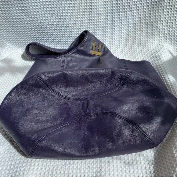 Halston Heritage Leather Tote XL oversized Bag eggplant purple slouchy hobo - Picture 4 of 12